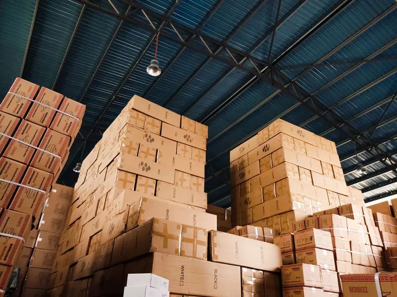 Cases stacked in the Sweet Jimmy's warehouse